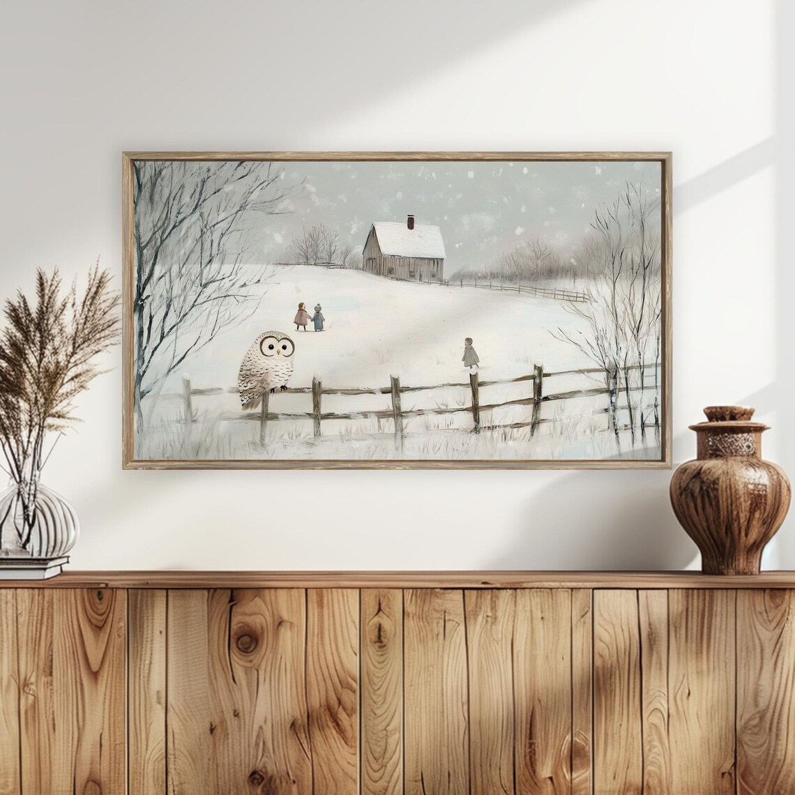 Snowy Owl On Fence Winter Landscape Children Barn Scene Poster - Image 5
