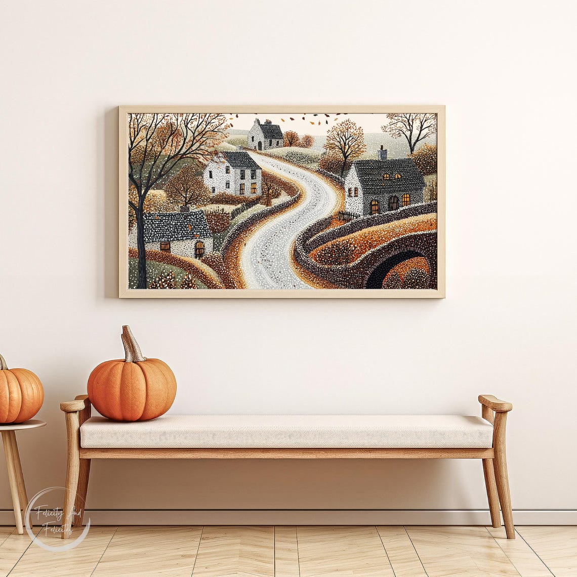 Autumn Village Road with Stone Bridge Cottages Folk Art Poster - Image 6