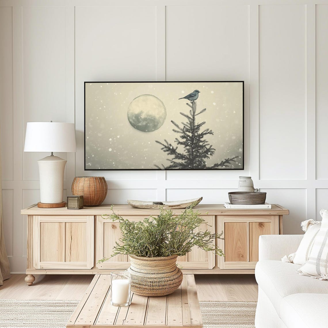 Winter Bird on Evergreen Treetop Full Moon Snowfall Scene Poster - Image 6