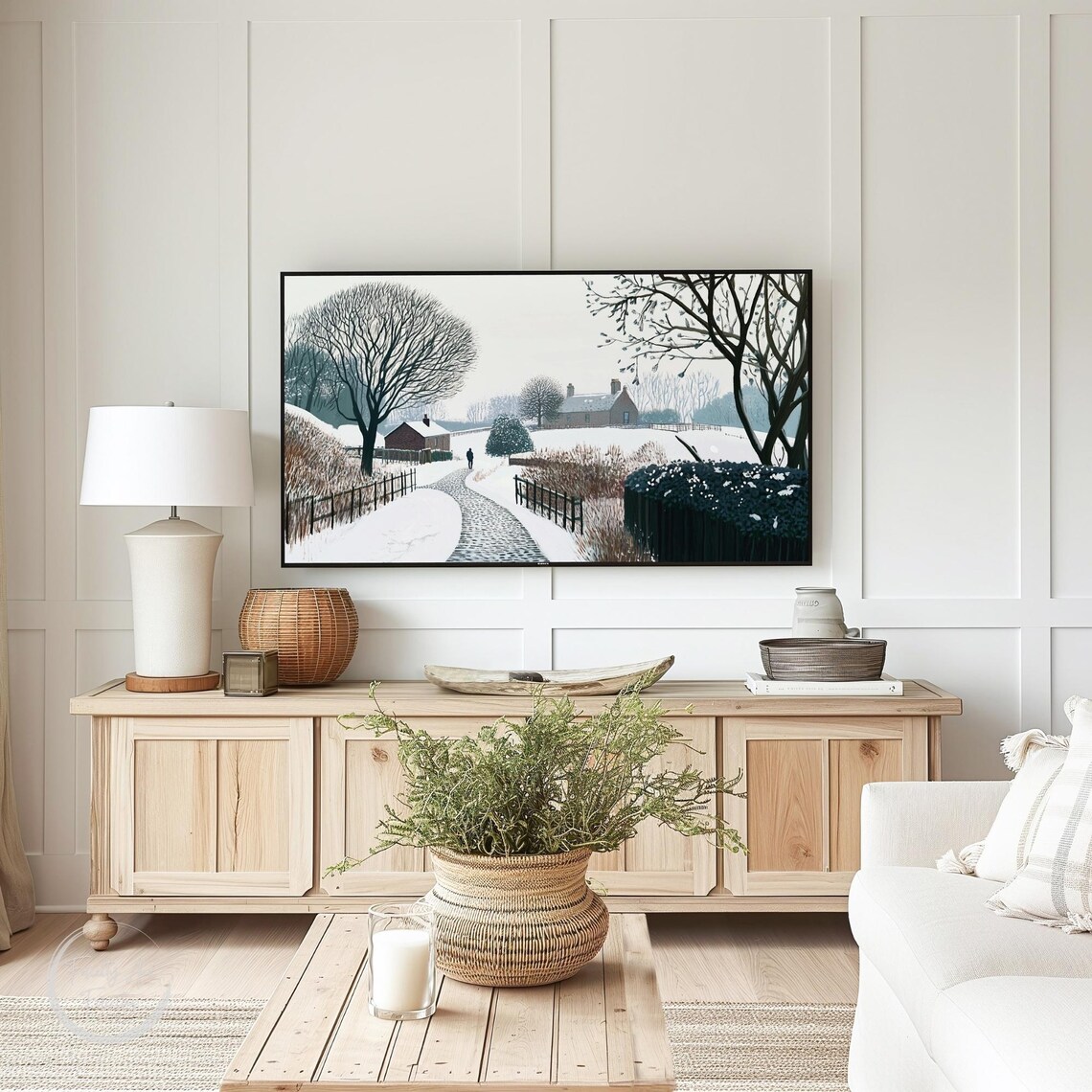 Snowy Country Lane Cottages Lone Walker Winter Countryside Poster - Image 3