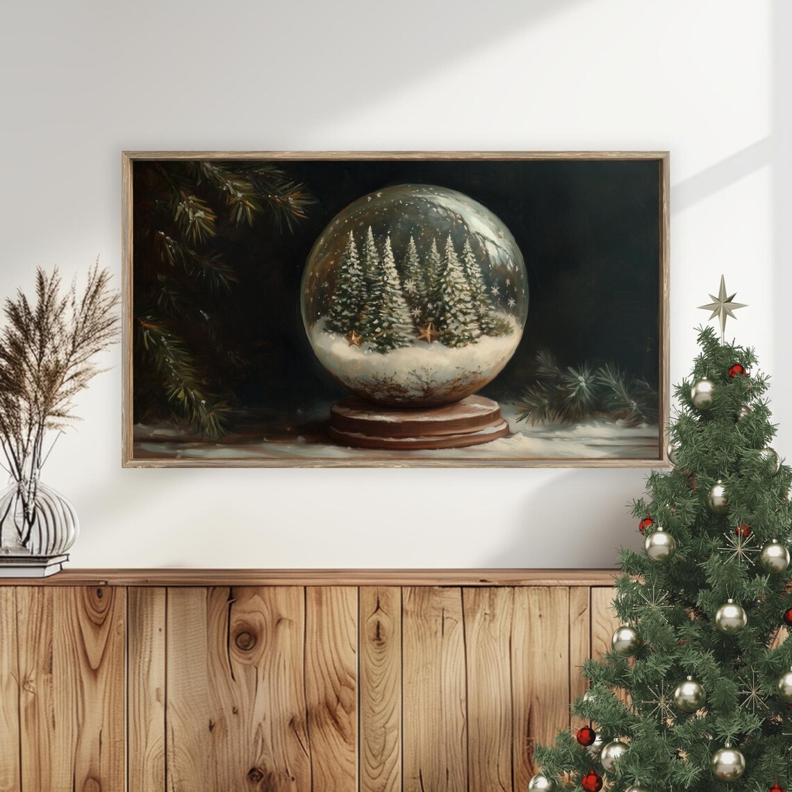 Christmas Snow Globe Pine Trees Winter Still Life Moody Wall Art - Image 5