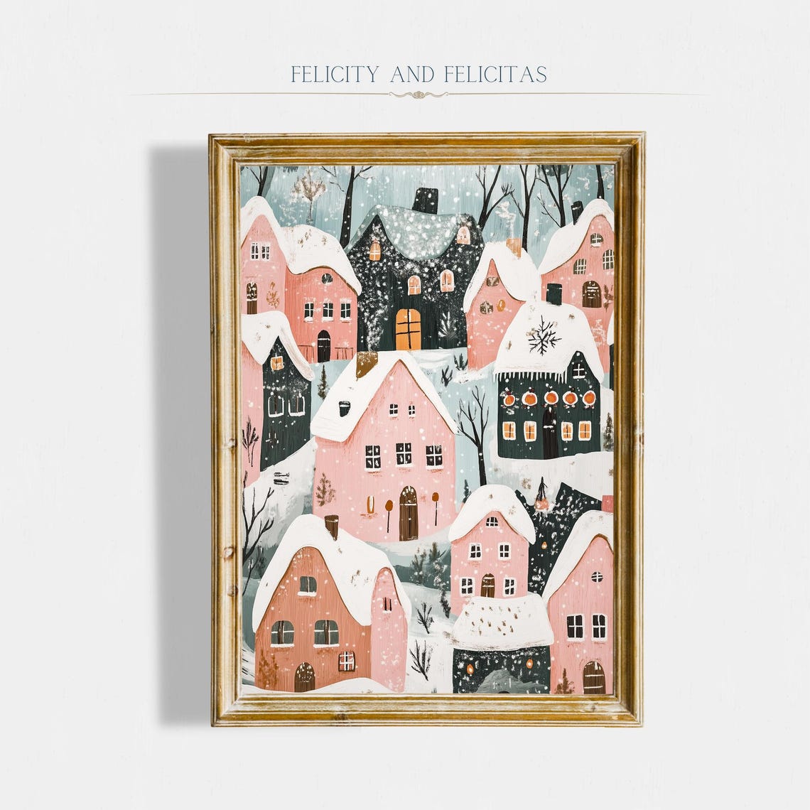 Snow Covered Pink Village Rooftops in Falling Snow Art Poster