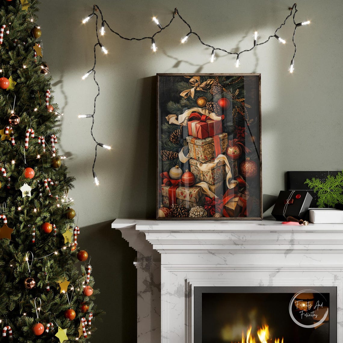 Stacked Christmas Gifts Under Tree Pinecones Vintage Style Poster - Image 6