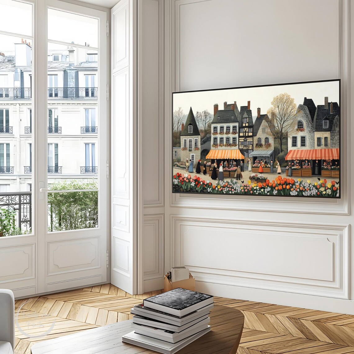 Retro Tulip Flower Market Old Town Spring Awnings Frame TV Art Poster - Image 3