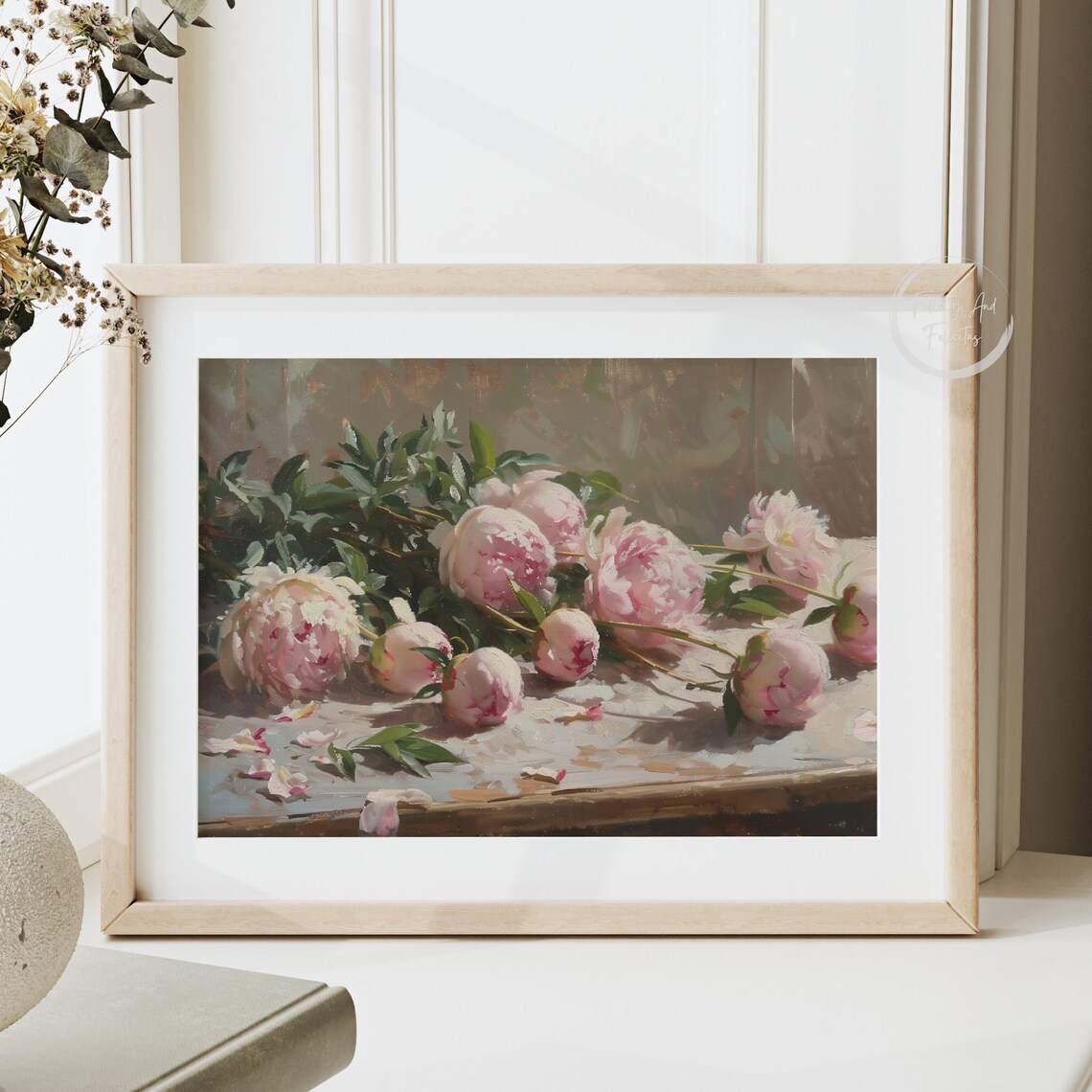 Pink Peonies Vintage Oil Painting Floral Still Life Art Poster
