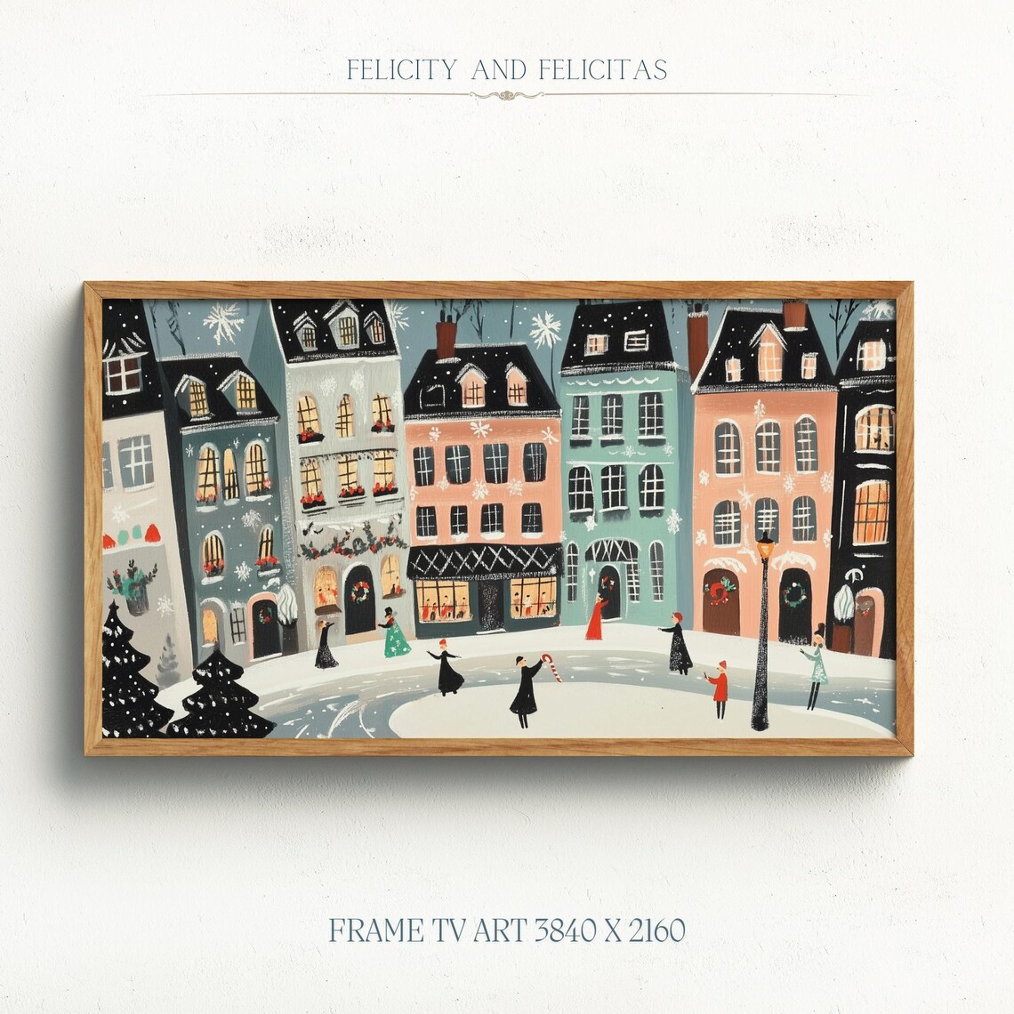 Whimsical Retro Winter Town Colorful Houses Holiday Wall Art