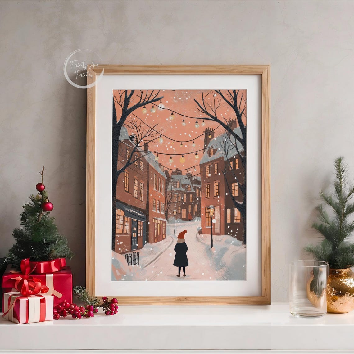 Cozy Winter Street Brownstones String Lights Snowy Night Poster - Image 5