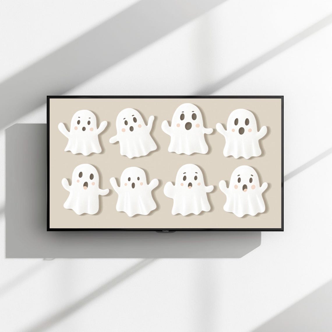 Eight Cute Cartoon Ghosts Beige Pastel Halloween TV Art Poster - Image 3