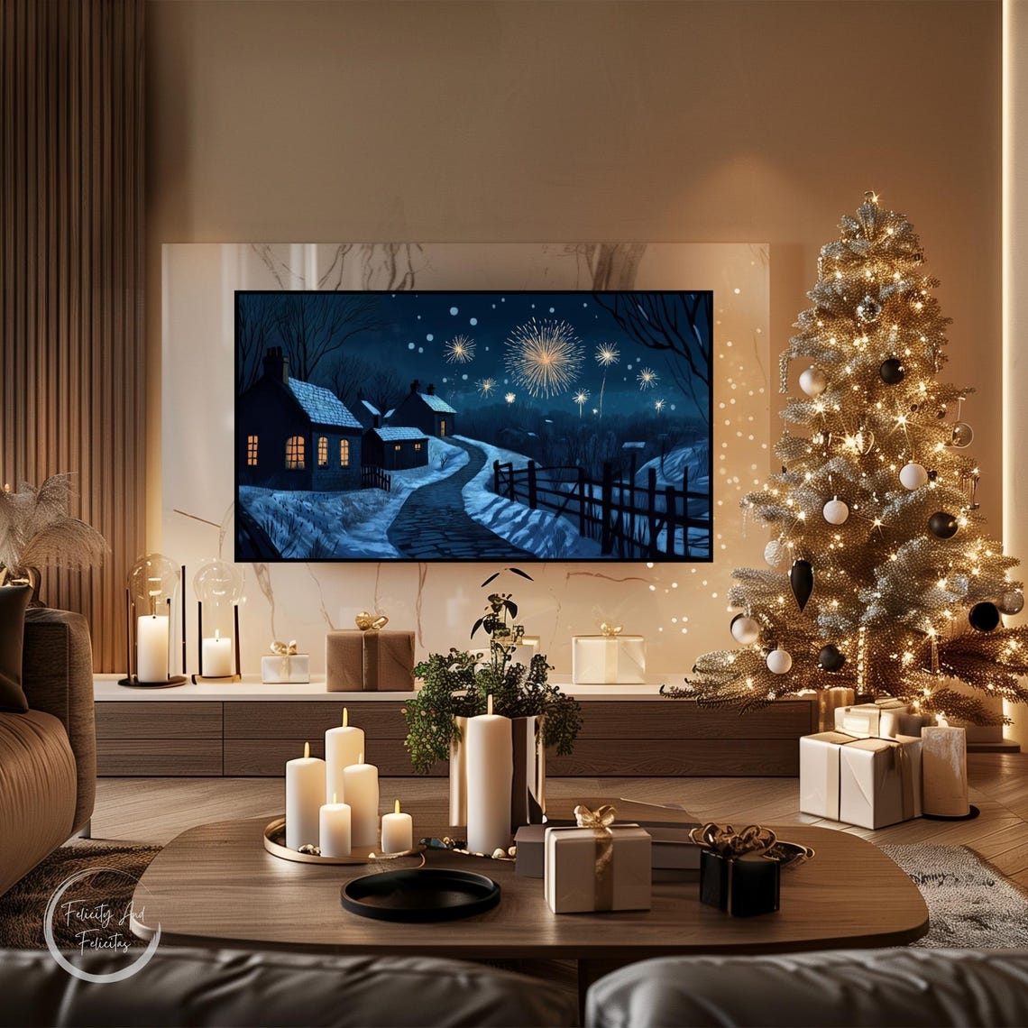 Snowy Village Night Fireworks Winter Celebration Frame TV Art Poster - Image 3