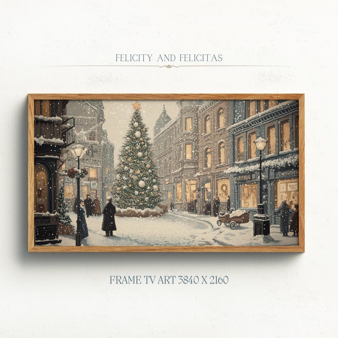 Vintage Christmas Town Square Tall Tree Old Brick Street Poster