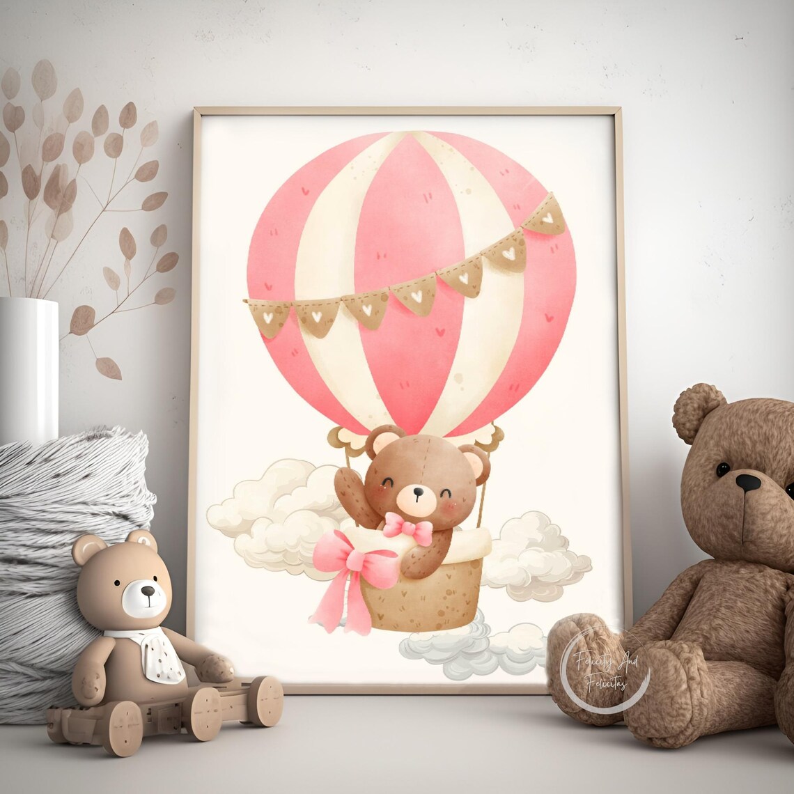 Pink Teddy Bear Hot Air Balloon Nursery Set Girl Room Wall Art - Image 6