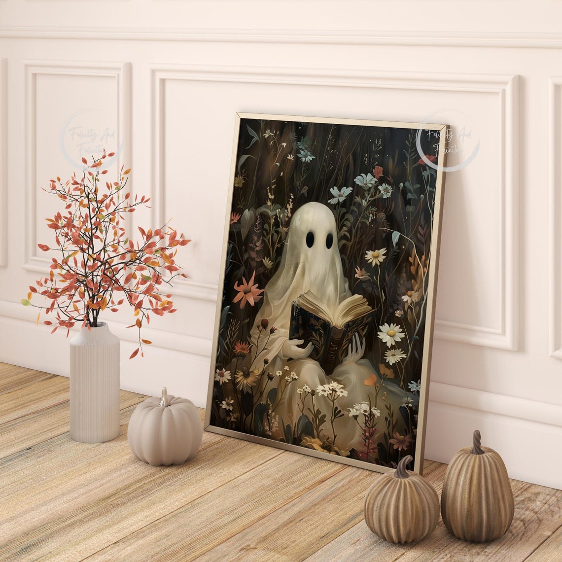 Cute Ghost Reading Book Among Dark Flowers Halloween Wall Art - Image 4