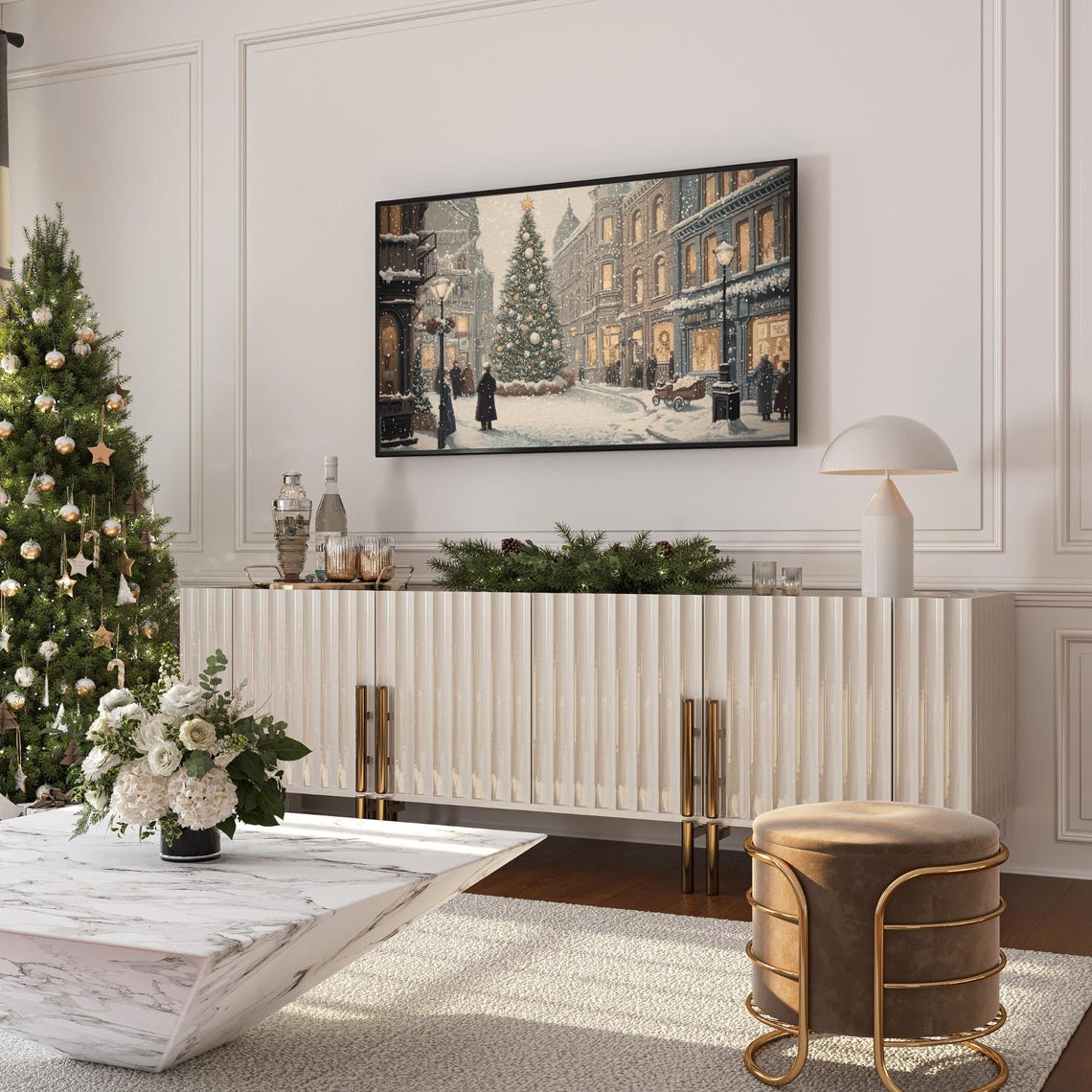 Vintage Christmas Town Square Tall Tree Old Brick Street Poster - Image 6