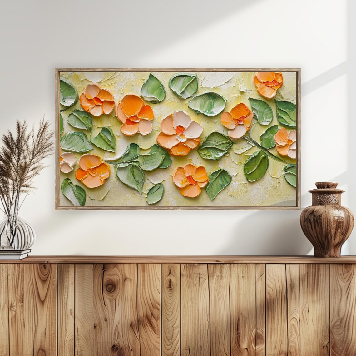 Orange Pop Art Flowers 3D Textured Floral Impasto Yellow Background Art Poster - Image 5