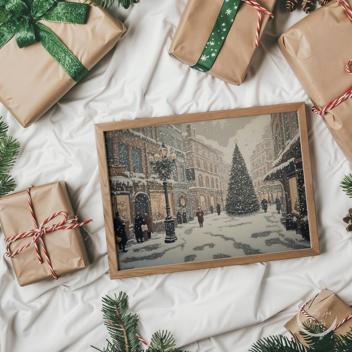 Vintage Snowy Christmas Street Tall Tree Old Town Scene Poster - Image 5