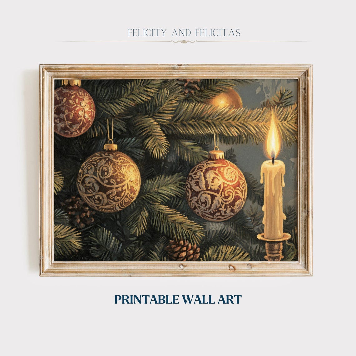 Vintage Gold Christmas Ornaments on Pine Branches Candle Poster