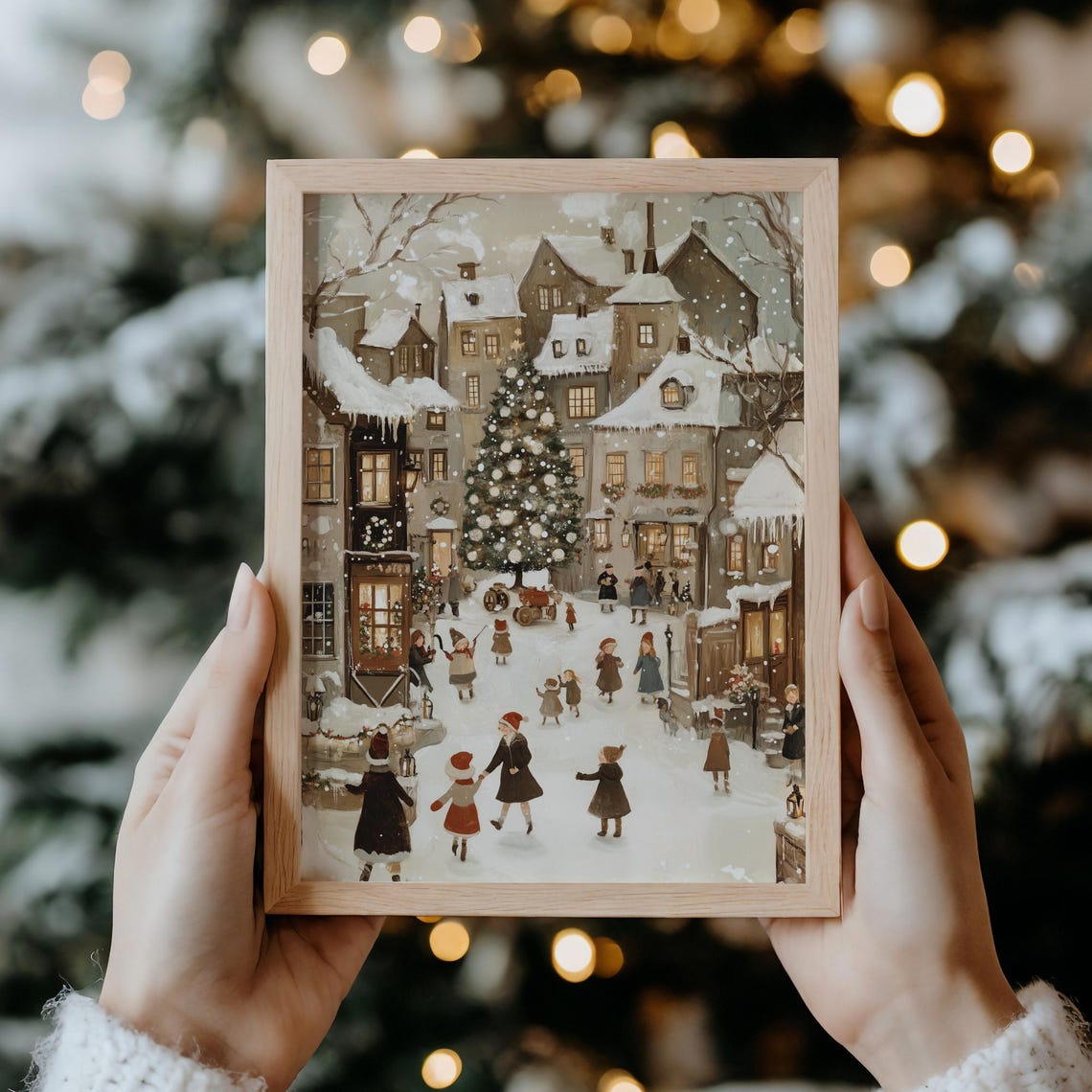 Snowy Winter Village Square Children Big Tree Holiday Poster - Image 4