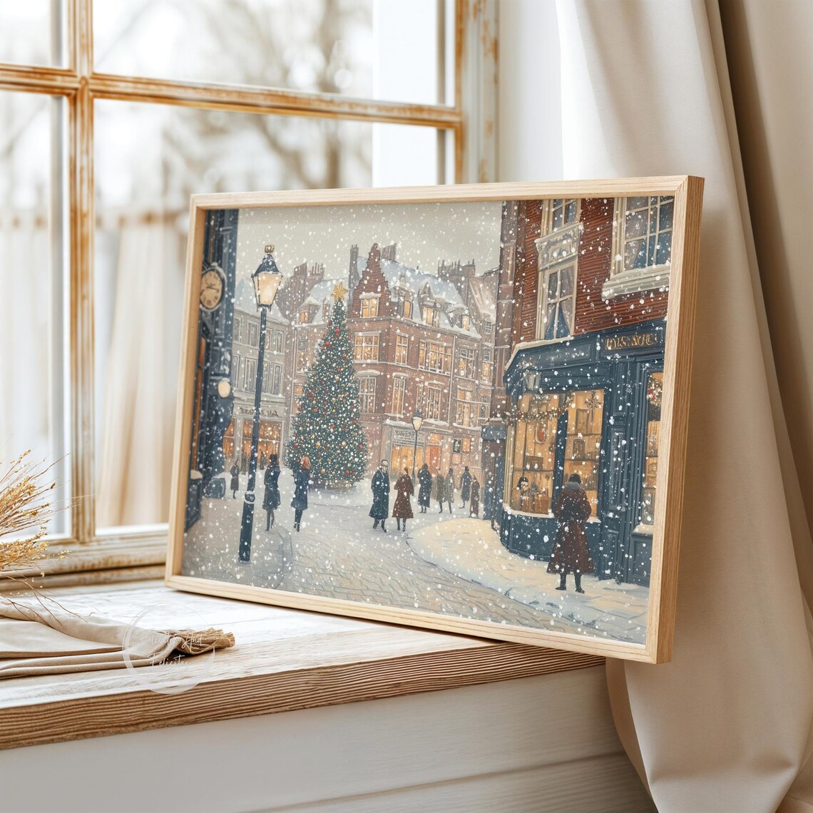 Vintage Winter Street Christmas Tree Square Shoppers Snow Poster - Image 3