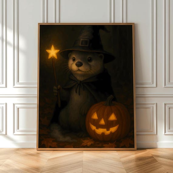 Cute Halloween Otter Witch With Pumpkin Jack O Lantern Magical Fall Forest Animal Illustration Wall Art Decor