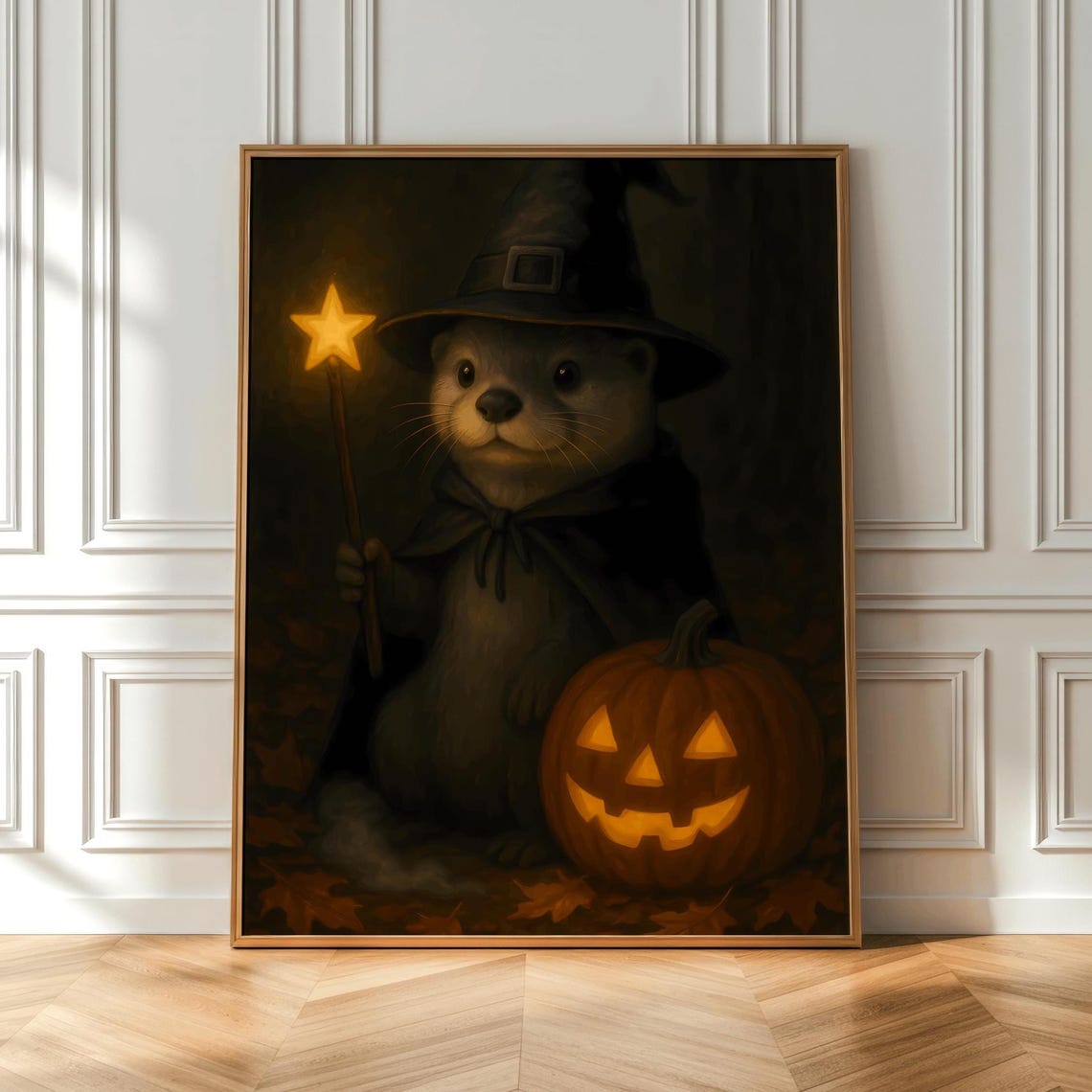 Cute Halloween Witch Otter With Star Wand And Jack-O-Lantern Poster