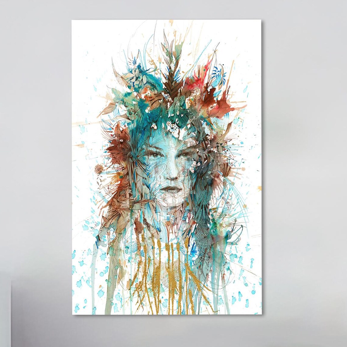 Abstract Woman Watercolor Portrait Teal Splash Expressive Face Art Poster