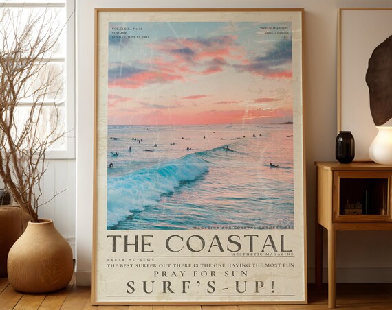 Surfs Up Print Vintage Coastal Surfers Newspaper Wall Art Pray For Sun Poster Surfer Gift Coastal Sunset Magazine Dorm Room Decor