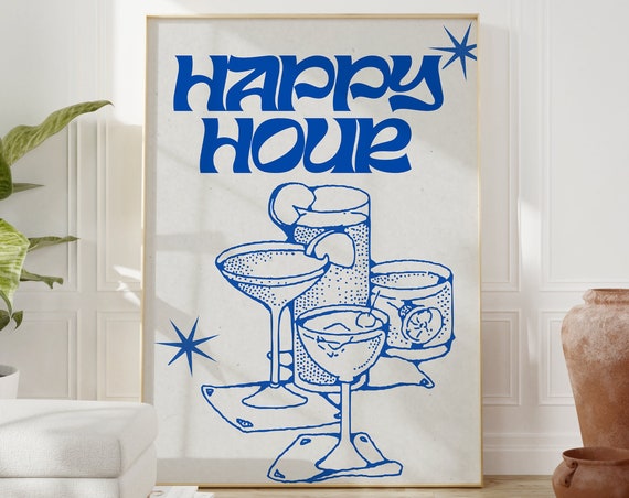 Blue Retro Wall Art Happy Hour Poster Cocktails Illustration Print Bar Cart Art Aesthetic Trendy Dorm Wall Decor