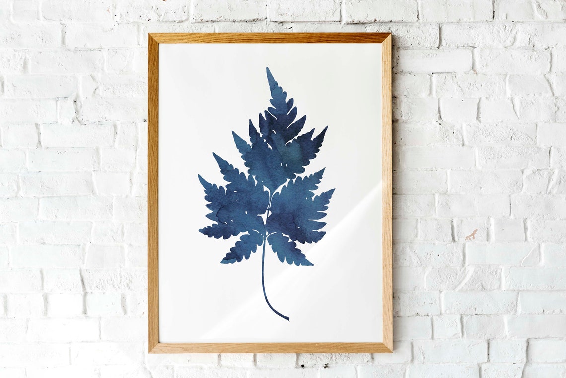 Indigo Blue Broad Fern Leaf Watercolor Botanical Silhouette Print - Image 3