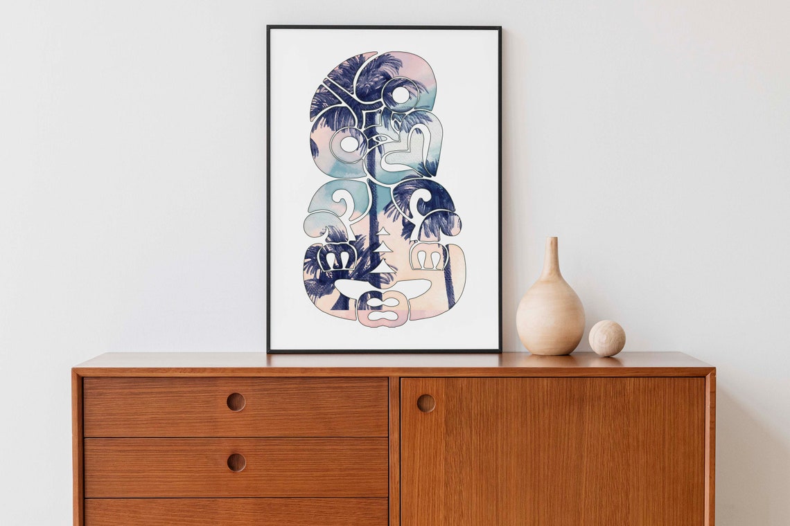 Palm Tree Sunset Watercolor Maori Tiki Tribal Totem Art Poster - Image 2