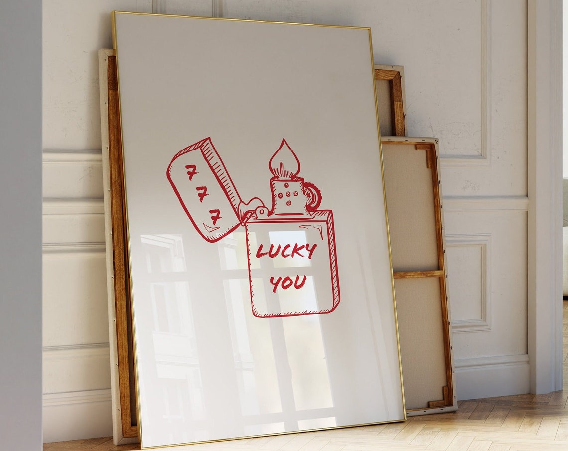 Lucky You 777 Red Lighter Hand Drawn Minimal Line Art Poster