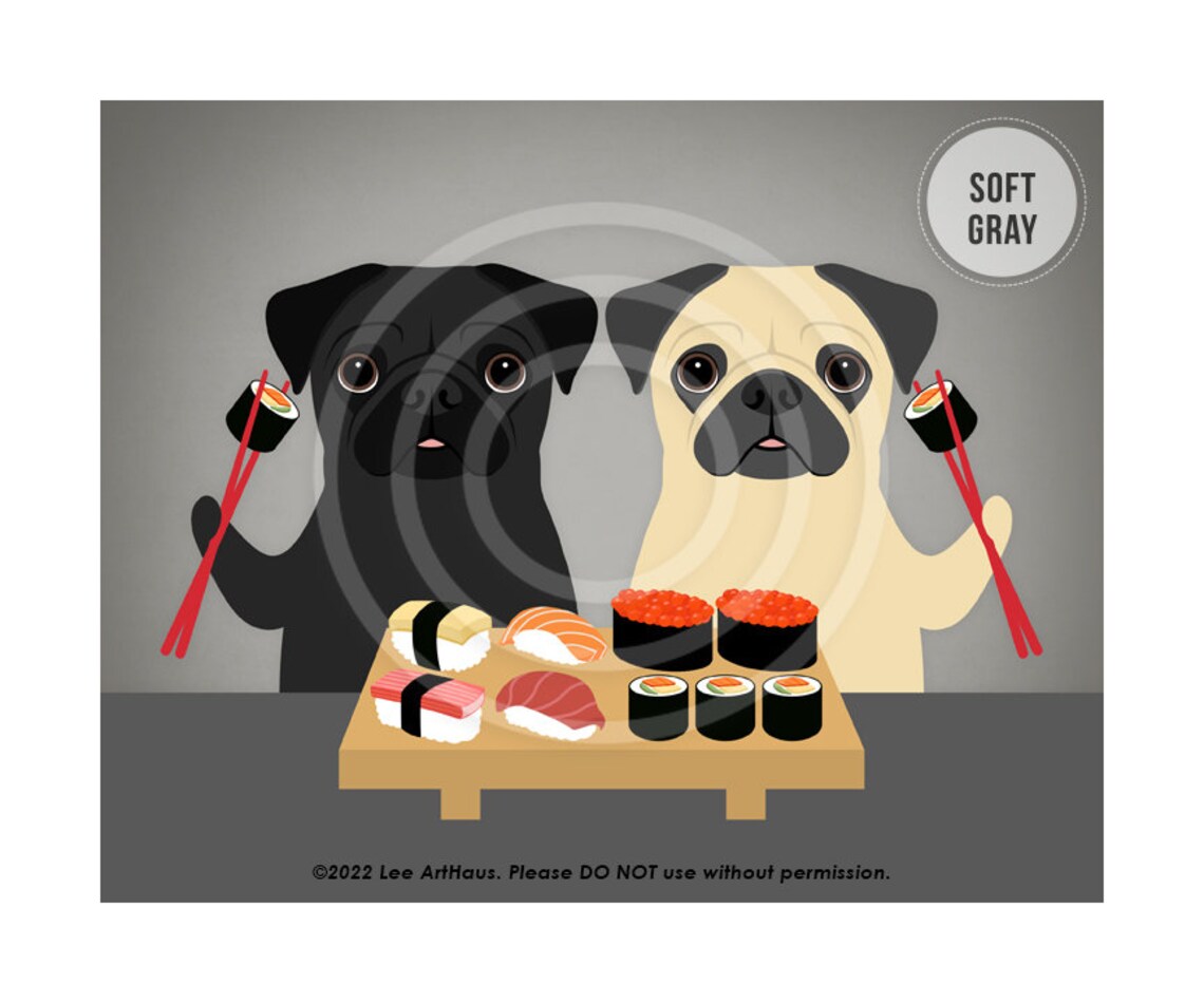 Two Pugs Eating Sushi With Chopsticks Cute Cartoon Dog Art Poster - Image 3