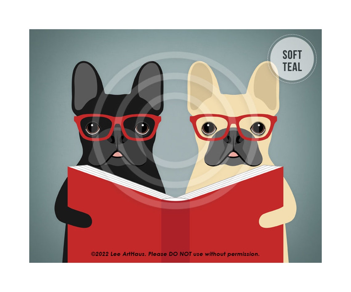 568dp Dog Home Decor Two French Bulldogs Reading Book Wall Art French Bulldog Drawing Book Lover Gift Dog Wearing Eyeglasses - Image 4