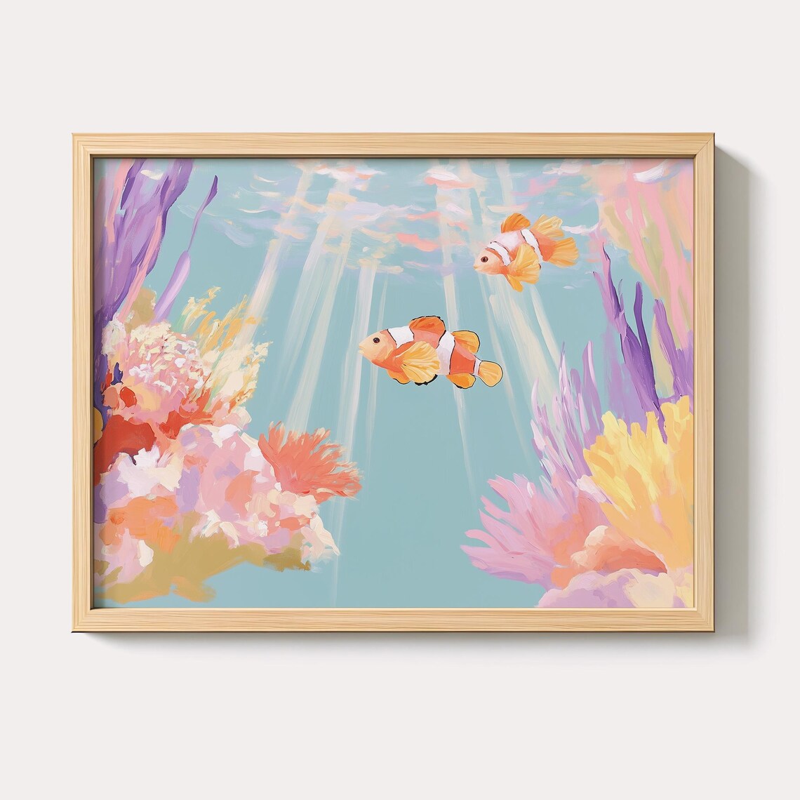 Two Clownfish Swimming Among Coral Reef Pastel Ocean Artwork Poster