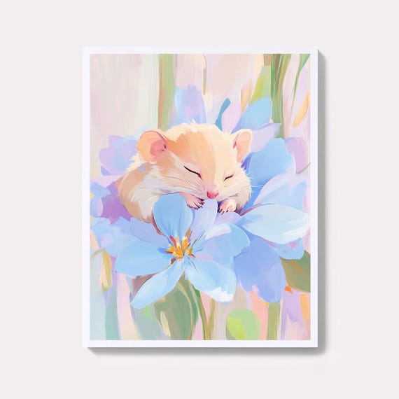 Adorable Watercolor Mouse Painting Cute Floral Wall Art Print Pastel Girly Nature Artwork