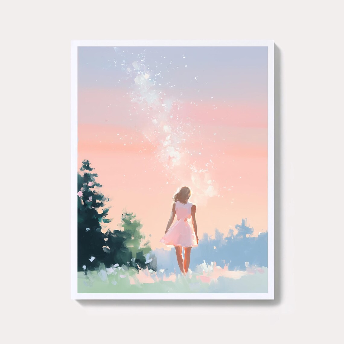 Girl in a Pink Dress Walking Toward a Sparkling Sunset Poster