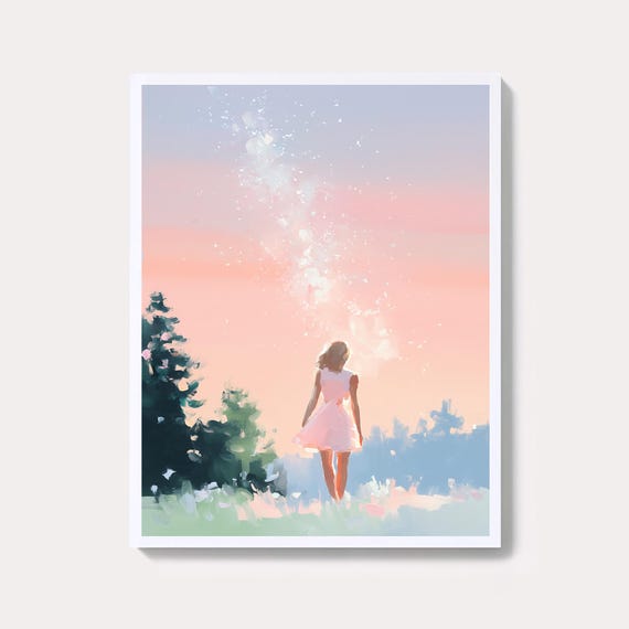Dreamy Sunset Girl Painting Pastel Pink Sky Art Print