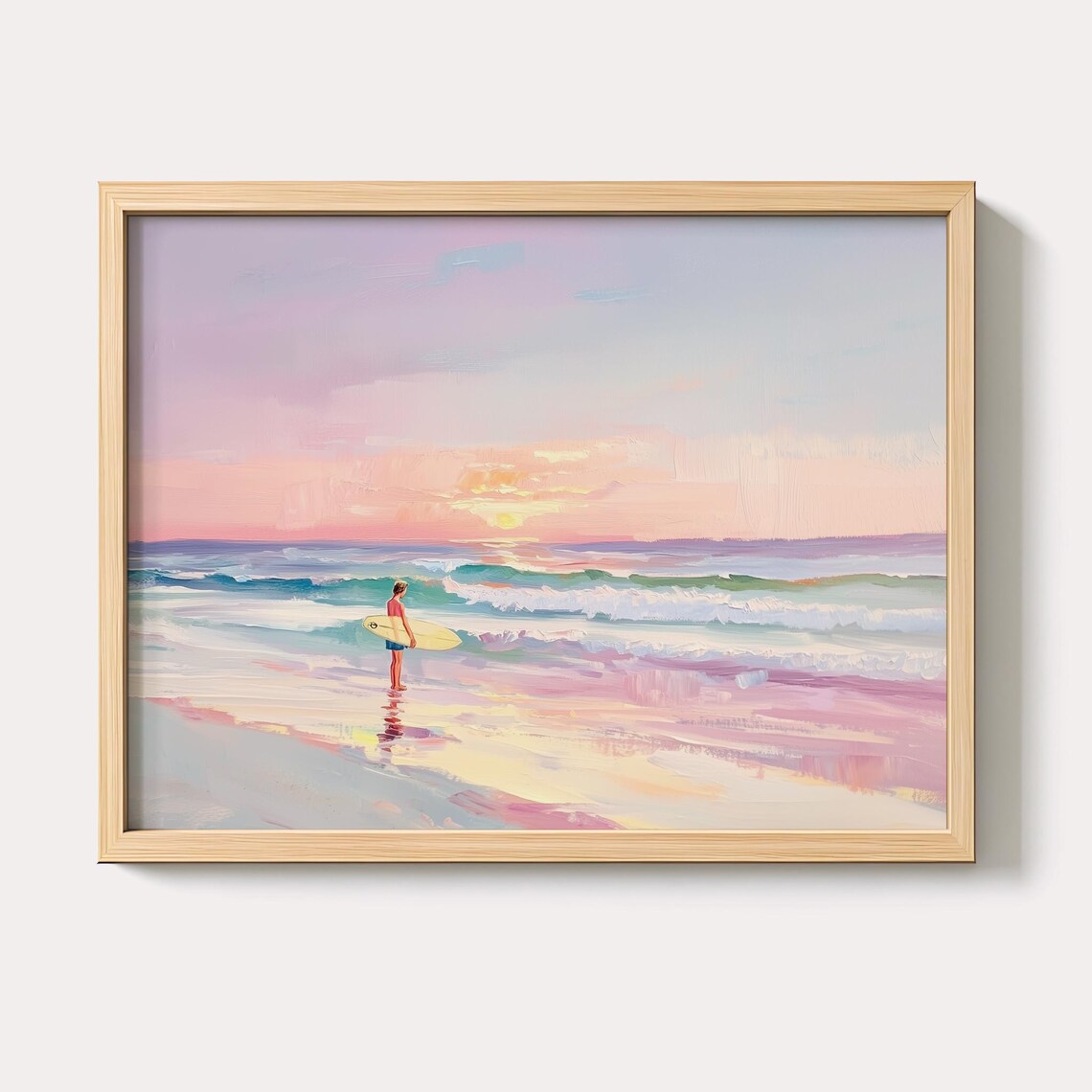 Surfer With Board Walking Into Pink Sunset Ocean Waves Art Poster