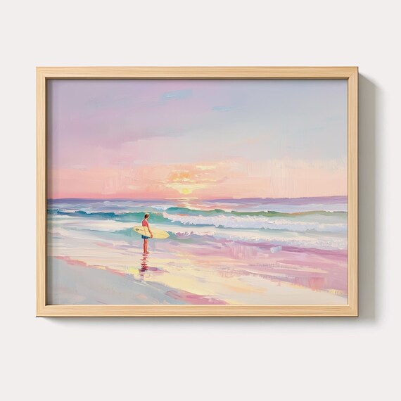 Surfer With Board Walking Into Pink Sunset Ocean Waves Art Poster