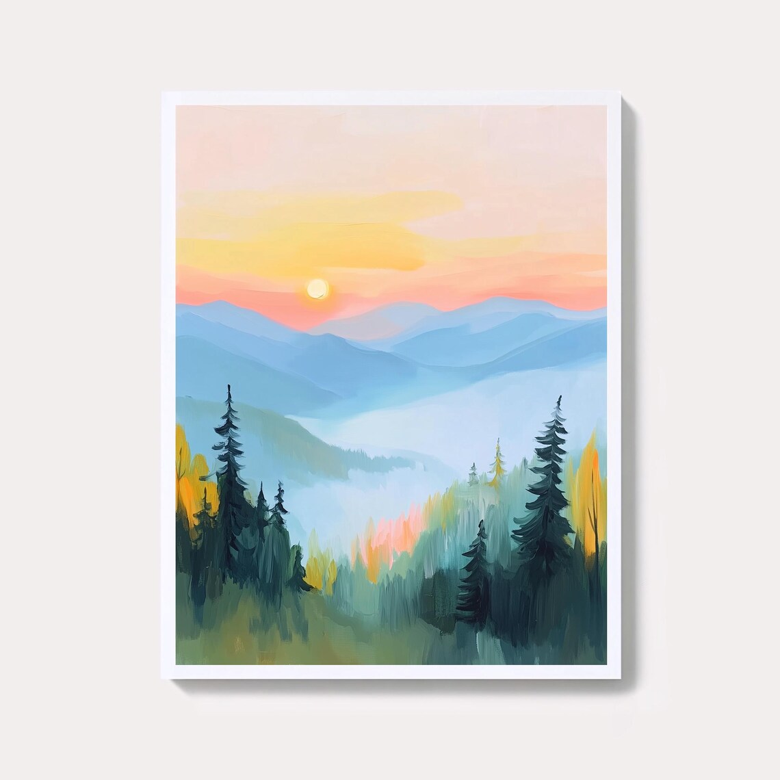 Smoky Mountains Sunrise Over Blue Ridges With Evergreens Pastel Wall Art