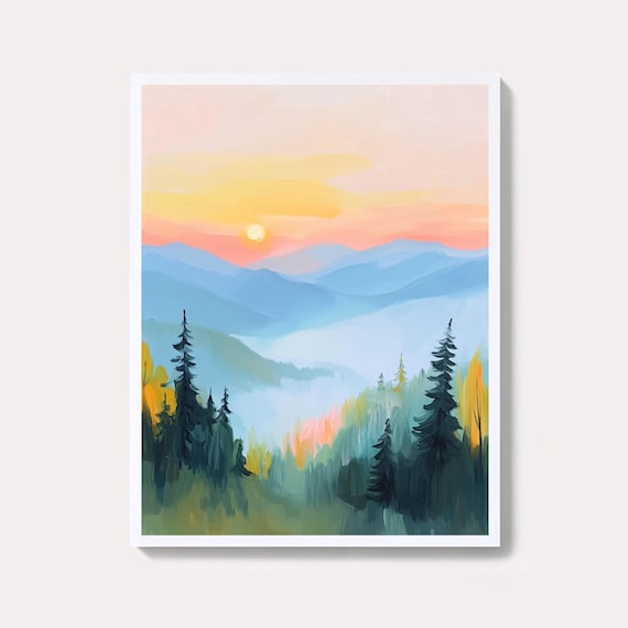 Smoky Mountains Sunrise Over Blue Ridges With Evergreens Pastel Wall Art