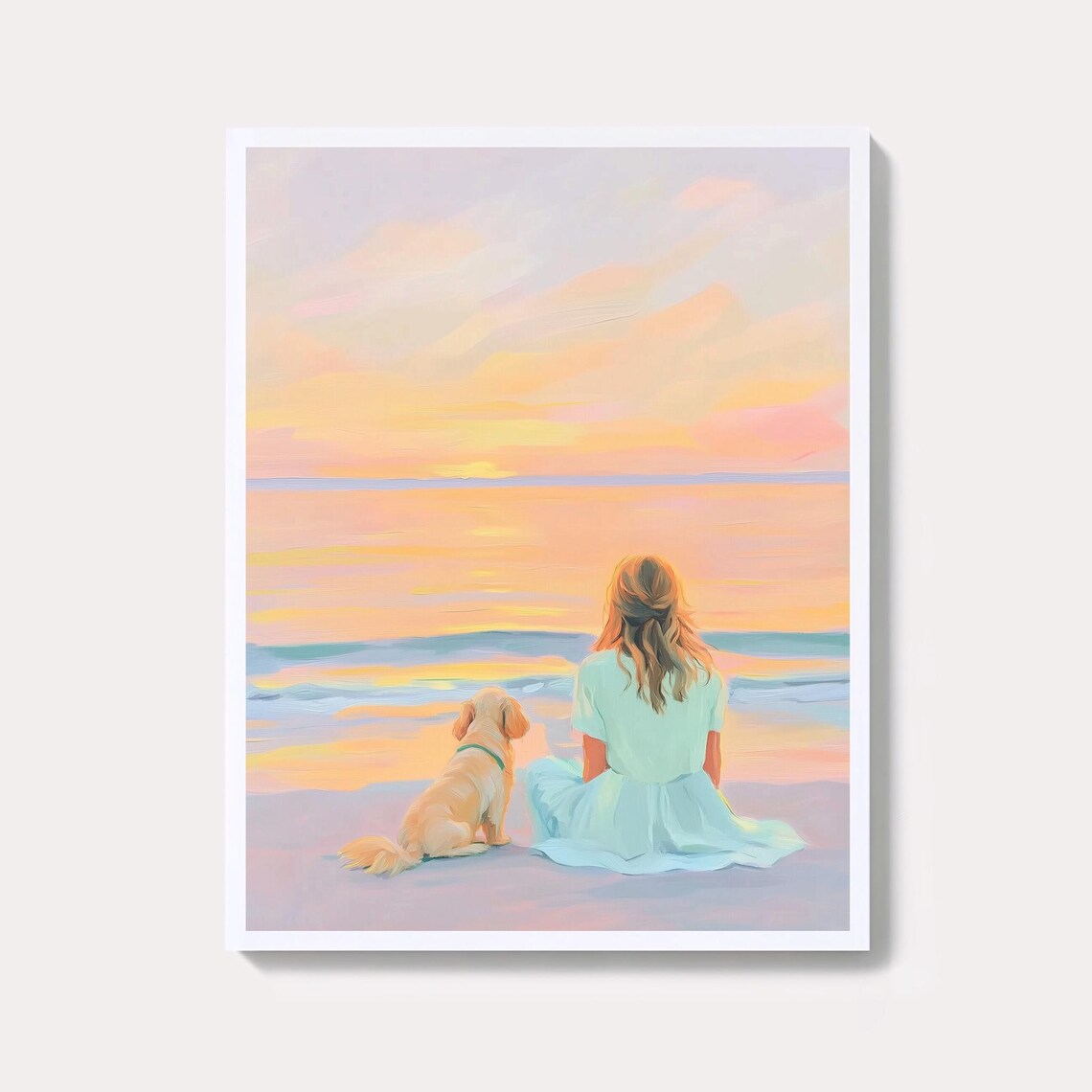 Woman And Golden Retriever Dog At Sunset Beach Pastel Art Poster