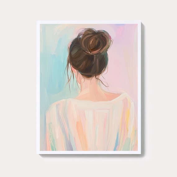Pastel Woman Back View With Hair Bun Minimalist Feminine Wall Art