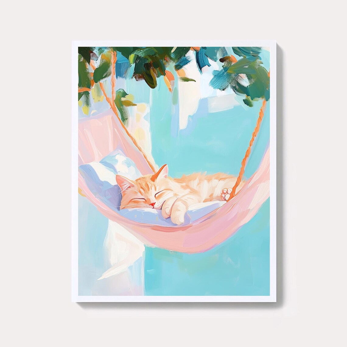 Sleepy Ginger Cat in Pink Hammock Pastel Cozy Feline Art Poster