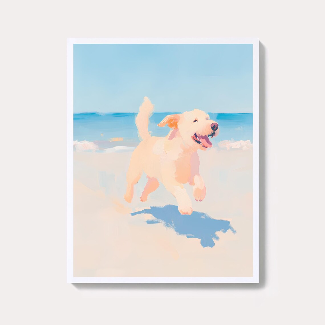 Happy Dog Running Joyfully On Sunny Beach Pastel Coastal Art Poster