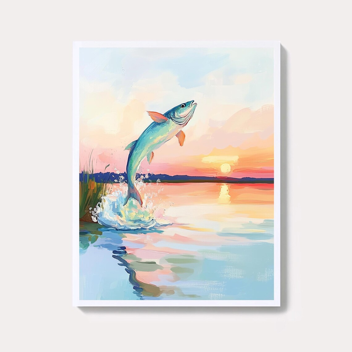 Jumping Bass Fish Leaping At Sunset Watercolor Fishing Art Poster