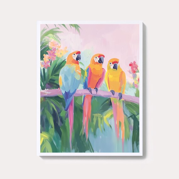 Colorful Parrots Print Tropical Rainforest Wildlife Wall Art