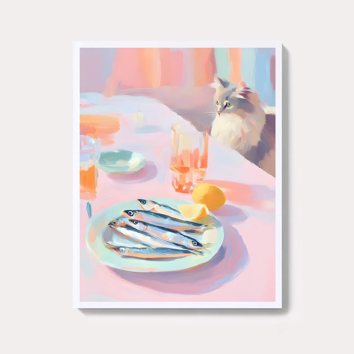 Cat Watching Sardines Plate On Pink Table Pastel Kitchen Art Poster