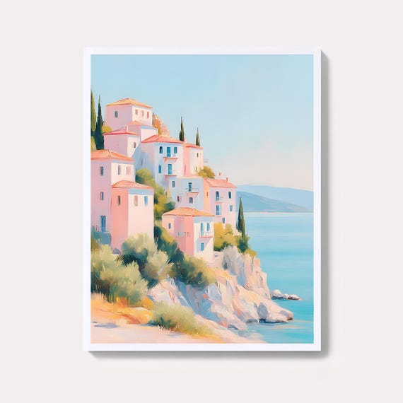 Cliffside Coastal Village Painting Pink Mediterranean Seaside Wall Art Dreamy Summer Architecture