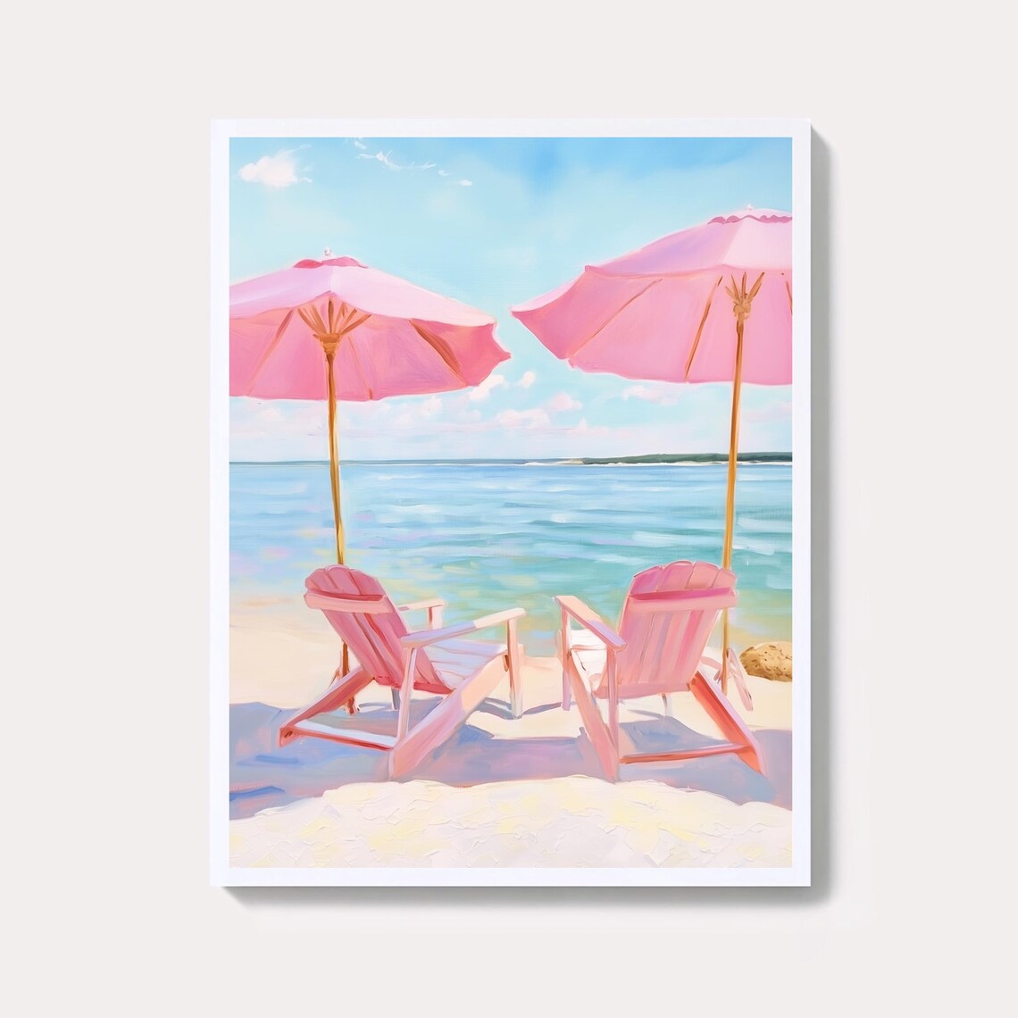 Pastel Pink Beach Painting With Umbrellas And Adirondack Chairs Poster