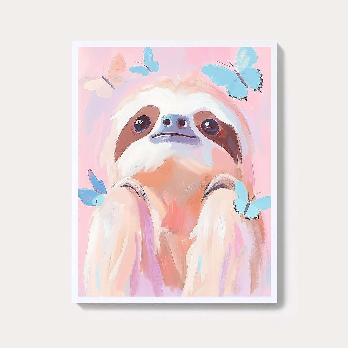 Cute Watercolor Sloth With Blue Butterflies Pastel Nursery Wall Art